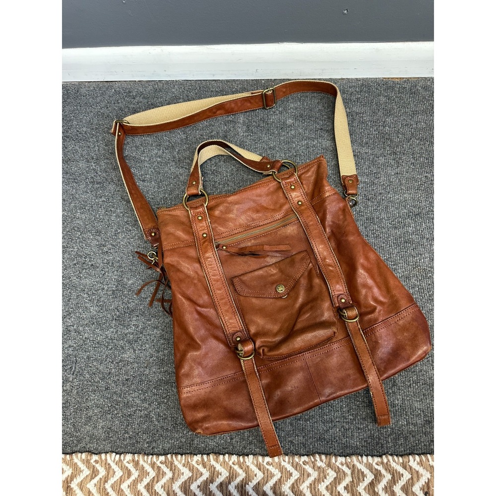 Lucky Brand Brown Leather Crossbody Bag Distressed Boho Slouchy Tassel Tote